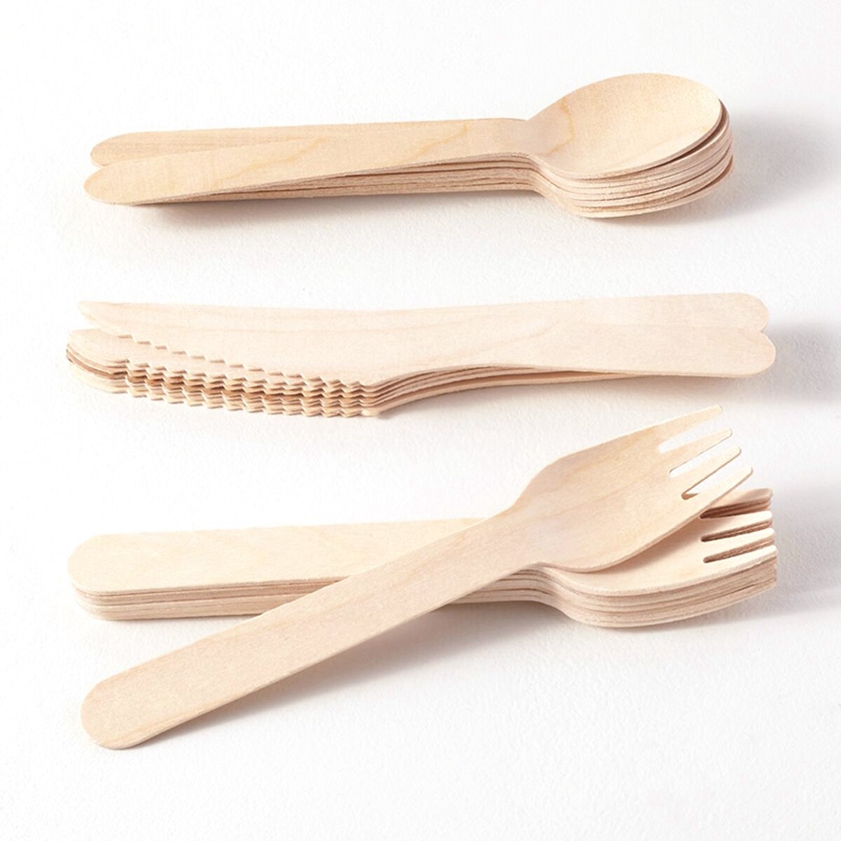 100 Pcs Disposable Wooden Cutlery Biodegradable - Knives Forks Spoons Camping BBQ Party Tableware Kitchen Utensils