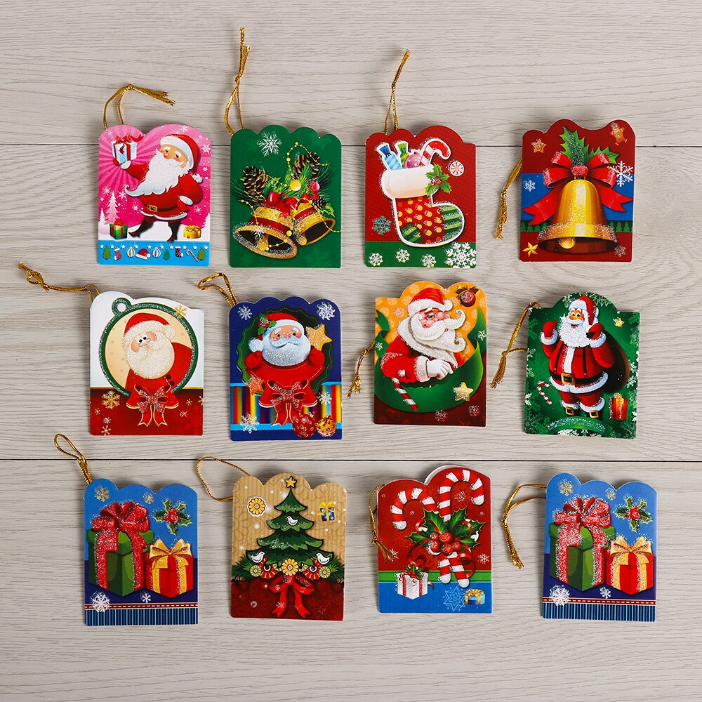 12PCS/Set Xmas Greetings Card Hanging Christmas Tree Santa Claus Paper Craft Handmade Post Cards Message Blessing