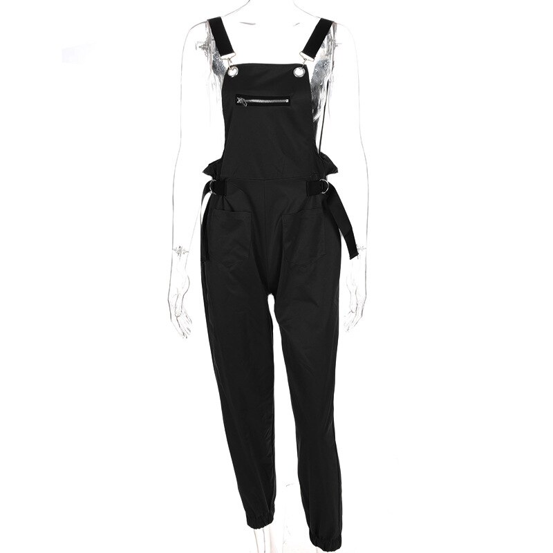 Vangull khaki bukser dame jumpsuit lange lynlåslommer ærmer justeret rem højtaljet bomuld sommer: Sort / S