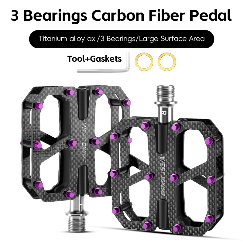 WEST BIKING Ultralichte koolstofvezelpedalen 3-lager fietspedalen Arbeidsbesparende antislip MTB-wegfietspedaalaccessoires: YELLOW