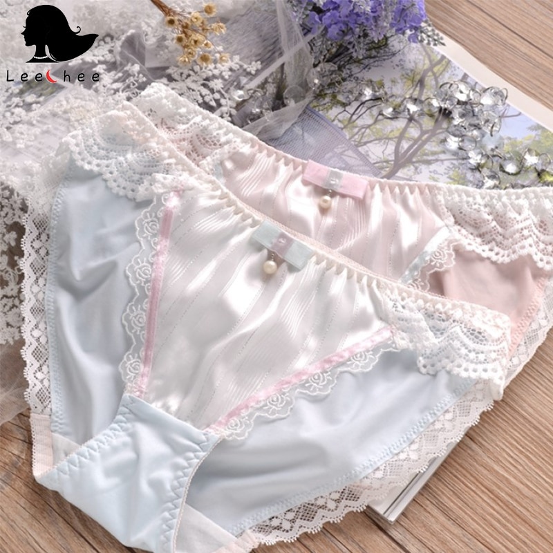 Leechee Japanese Girl Lace Panties Pearl Mercerized Milk Silk Underwear Bow Knot Cute Shorts Low Waist Breathable Women Briefs