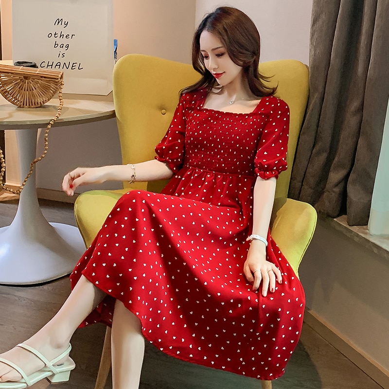 8012# Summer Korean Maternity Long Dress Slim Charming Clothes for Pregnant Women Wine Red Dot Pregnancy