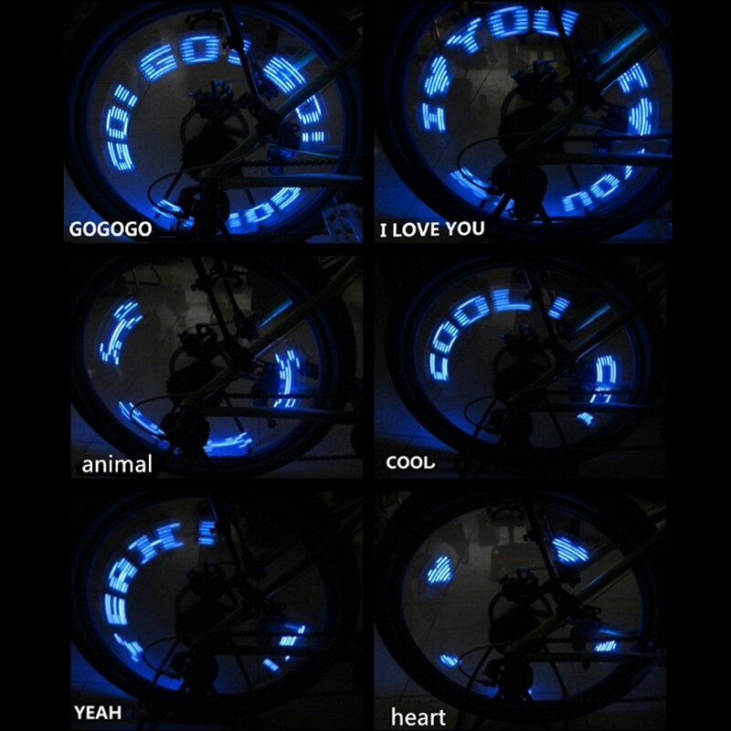 Lámpara de luz LED para rueda de bicicleta, accesorios de luz para ciclismo, con 7 luces de Flash y palabras brillantes: Blue