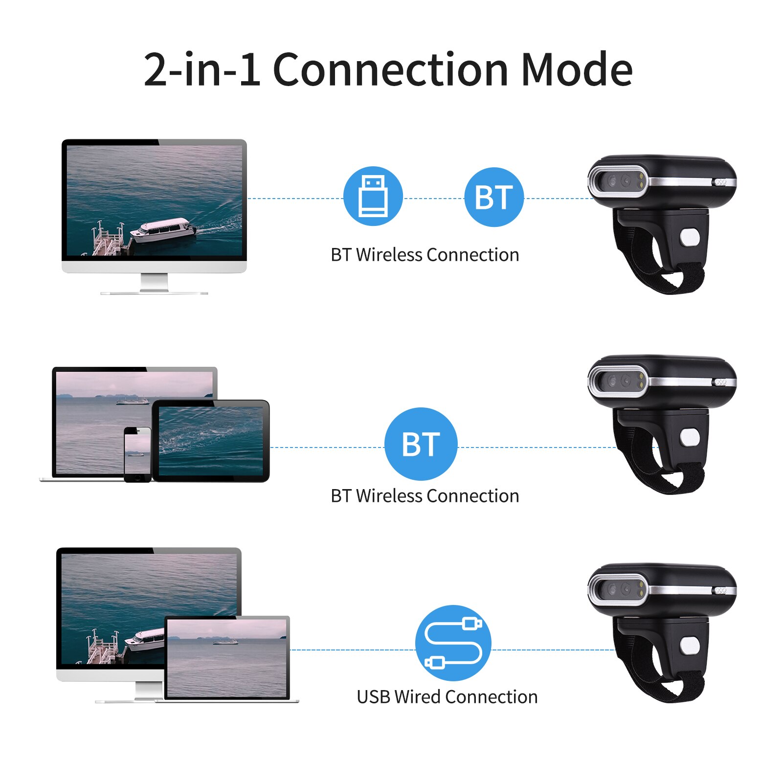 Aibecy 2D Ring Barcode Scanner Draagbare Bt Draadloze Wearable 270 ° Rotatie Compatibel Windows Mac Android Ios Voor Supermarkt