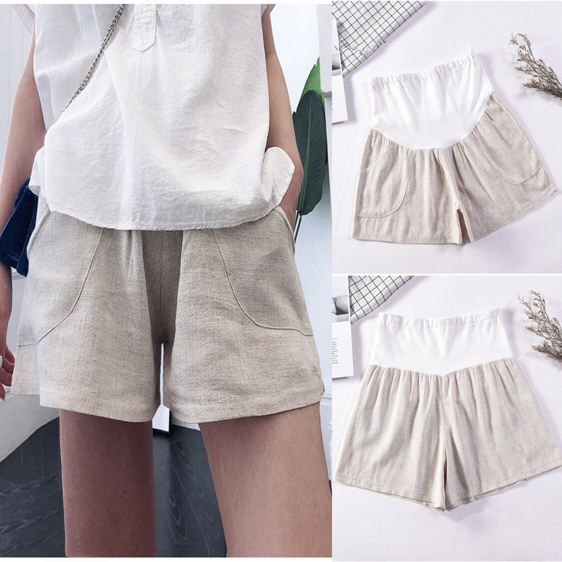 Cotton Maternity Shorts Pregnant Women Summer Thin Loose Short Pants Pregnancy Outside Khaki Black Trousers