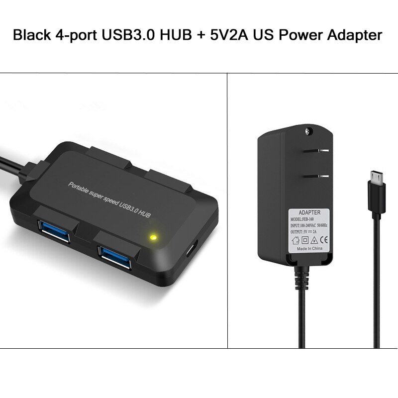 4 Ports USB3.0 Hub 5Gbps Super Speed Hab 750mm Cable Portable Black White Micro-USB Power Supply Splitter For Multi USB Devices: USB3.0 Black US