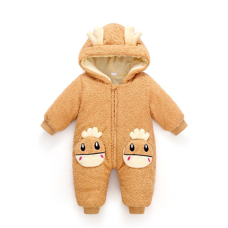 Otoño Invierno general para niños infantil de algodón engrosada ropa con capucha de bebé de dibujos animados niños niñas mono ropa para bebés: CAMEL / 90(9-12Months)