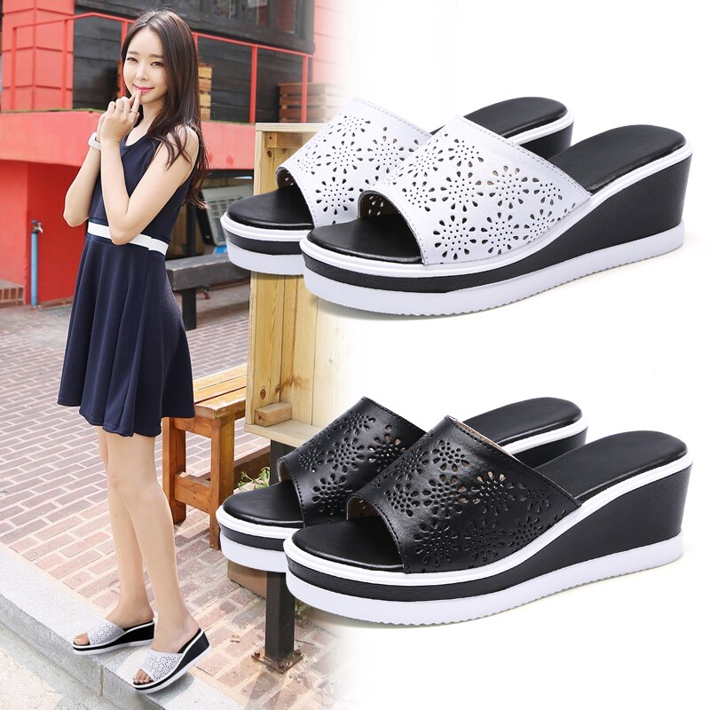 Jzzddown kvinder læder sko slip on strand sandaler hjemmesko damer kork kile sandaler kvindelige platform sandaler sko kvinde sommer