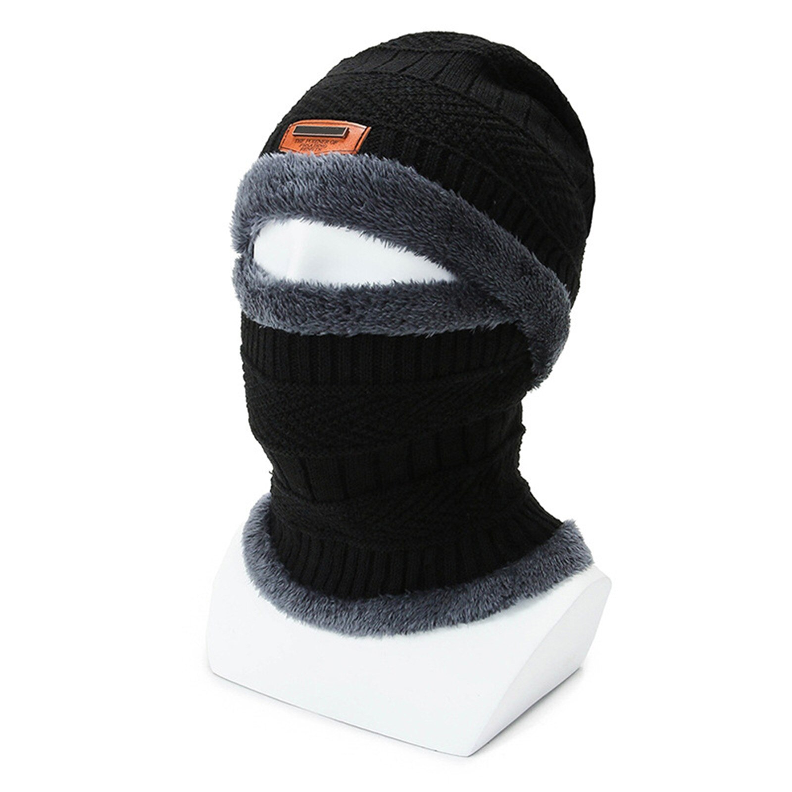 2 in 1 Winter Warm Knit Hat Scarf Set Ear Head Neck Cover Snow Ski Beanie Cap Unisex -OPK: Black