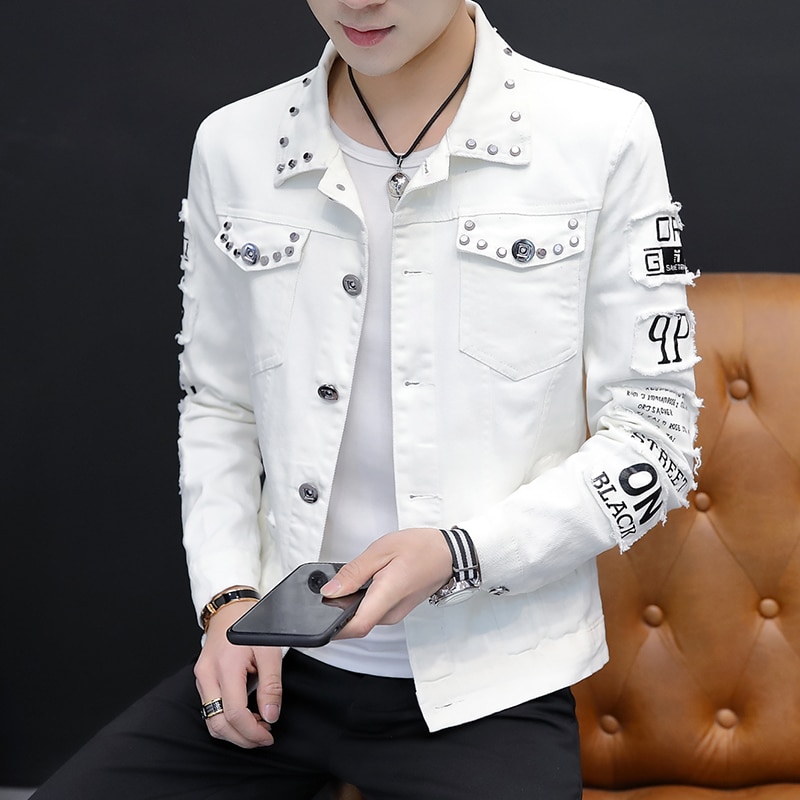 Spring white denim jacket men korean clothes Slim men jacket spring Handsome rivet bomber jacket men