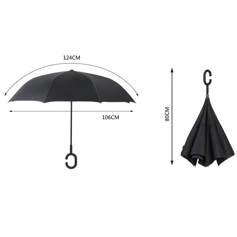 Paraguas de golf para mujer, sombrilla invertida de doble capa, plegable, con vástago largo, a prueba de viento, con gancho en C,