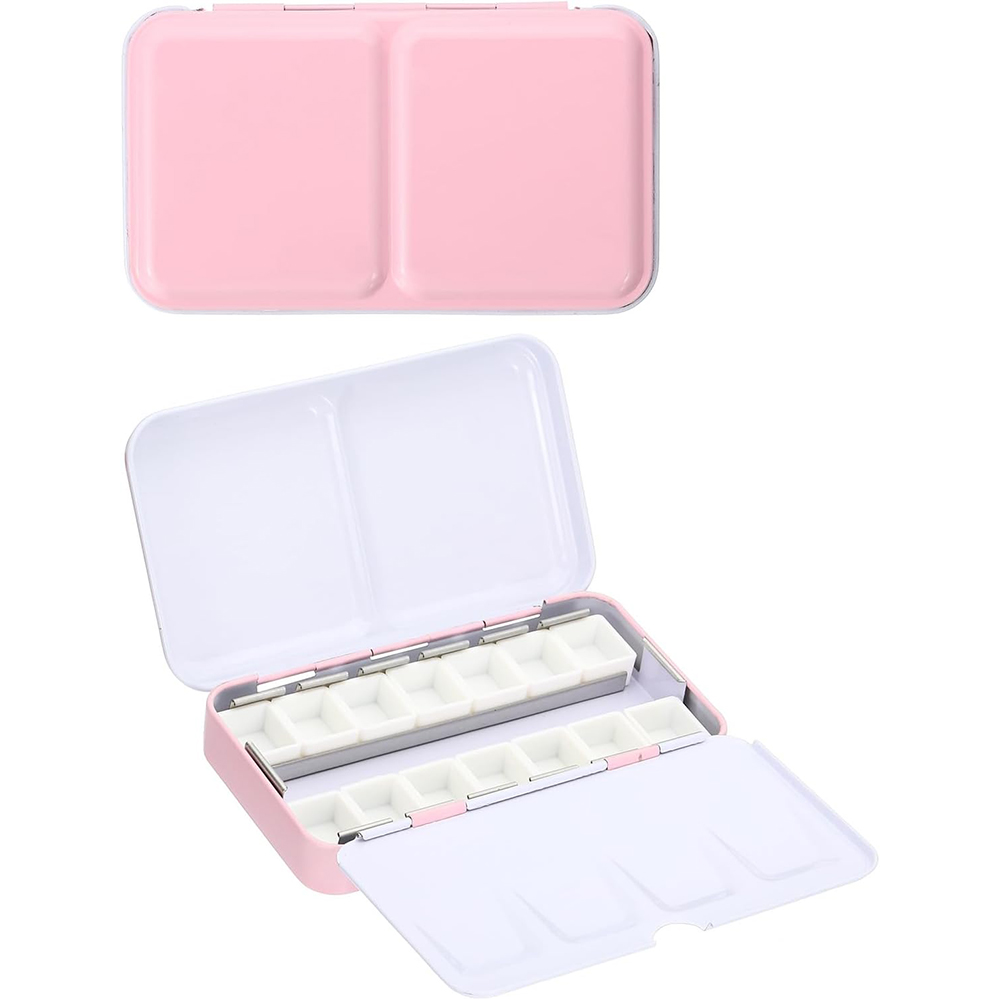 Paleta de acuarela vacía, caja de pintura de paleta de lata de acuarela vacía de Metal con 14 Uds. De medias sartenes para paleta de acuarelas de viaje DIY: Rosa