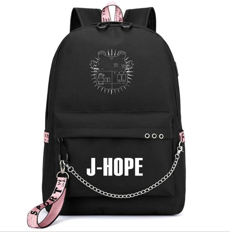 Bangtan niños Rap monstruo JUNG KOOK mochilas JIMIN bolsas de la escuela Mochila bolsas de viaje portátil Mochila con cadena de puerto USB: 4