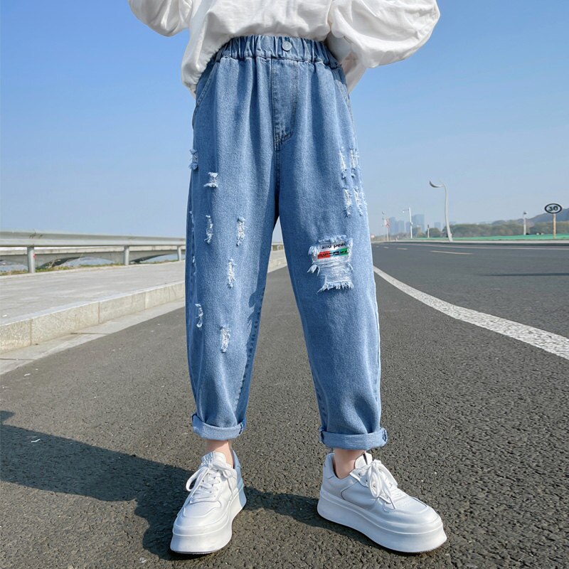 Nova moda crianças jeans rasgado para meninas adolescentes caber primavera outono calças de brim do bebê menina cintura elástica calças de brim criança calças casuais