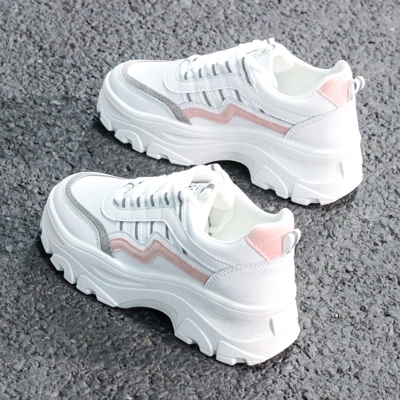 tykk joggesko kvinner plattform høy hæl tykk såle langt beige svart hvit sneaker fritidssko chaussures femme