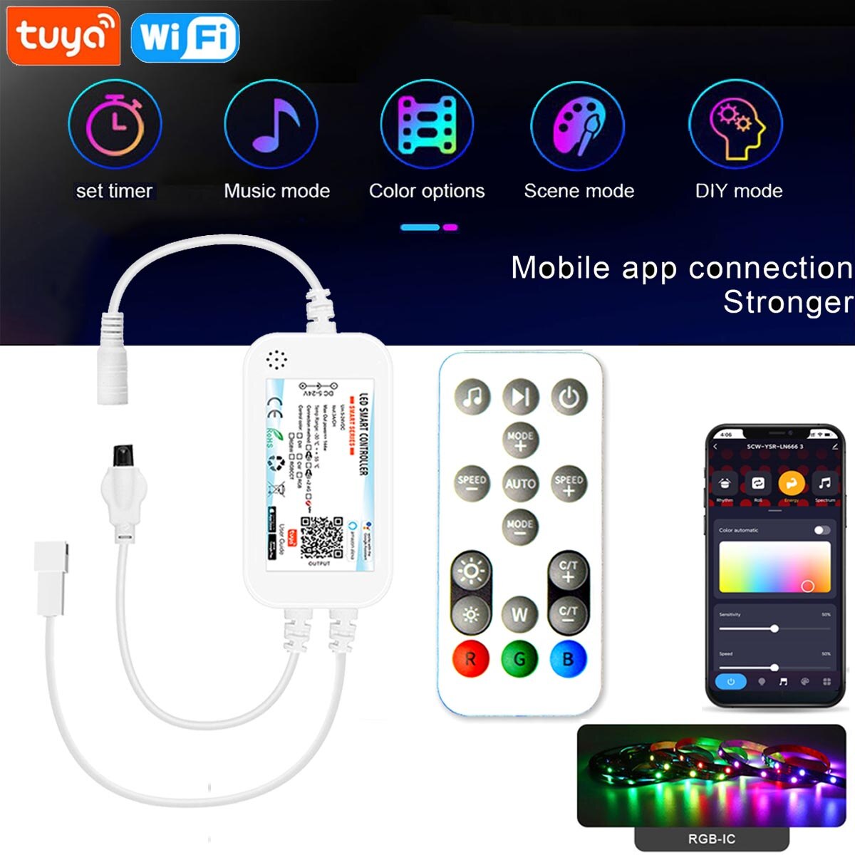 Smart tuya wlan-dream-color-controller mit +16- tasten-fernbedienung 2811/5v 12v 2812 -led-streifen, pixelsteuerung und dimmer für alexa und google