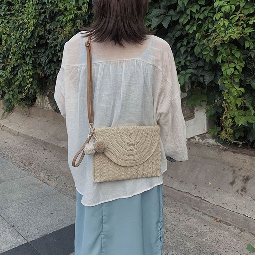 Simple Straw Circular Square Women Shoulder Bag Handmade Woven Bohemian Handbag Summer Beach Lady Wicker Tote Phone Bag Handbag