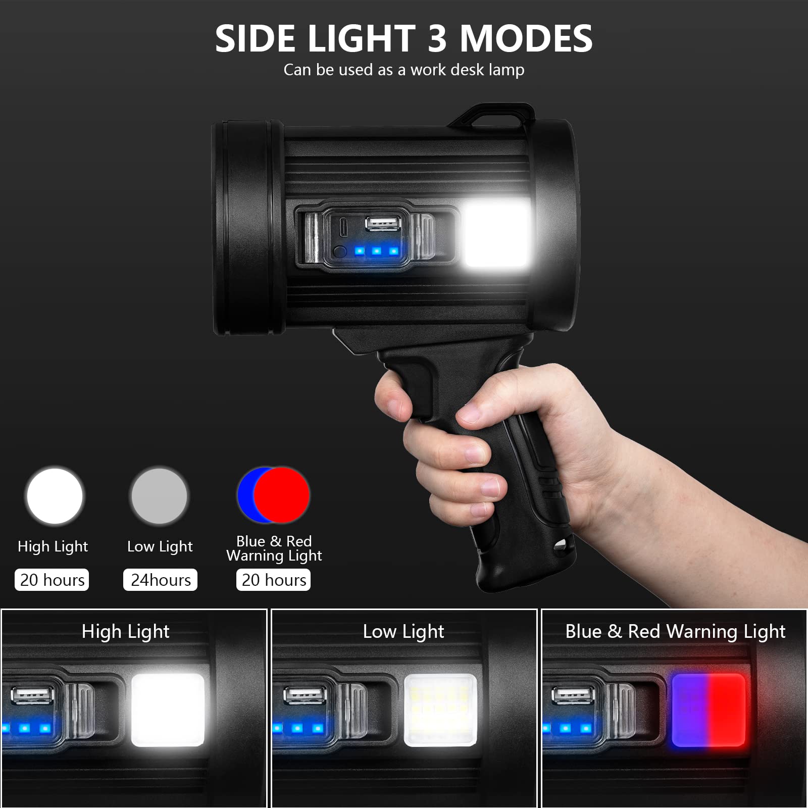Projecteur Rechargeable, lampe de poche de chasse portative 1000,000 Lumens, Spot Led avec lumière Cob et panneaux solaires pour le Camping