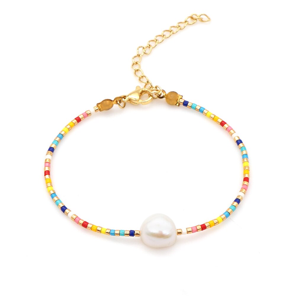 GO2BOHO Miyuki Rainbow Beads Bracelet Women Real Pearl Bracelets Jewelry Pulseras Handmade Stainless Steel Chain