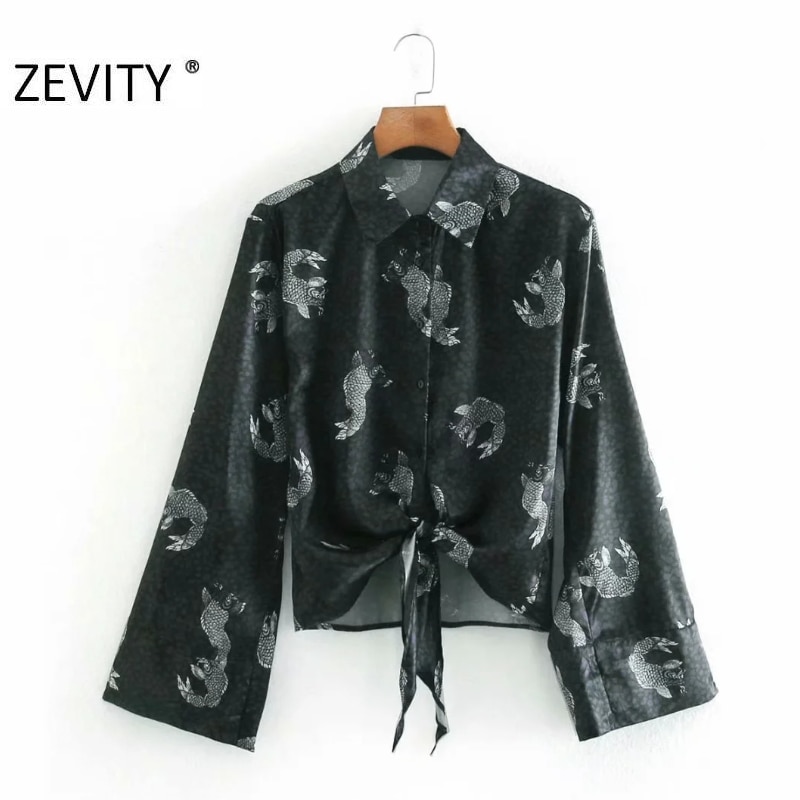 Zevity kvinnor vintage tryck fåll knuten casual kimono blus kontor dam djurmönster skjorta chic chemise blusas toppar  ls7292
