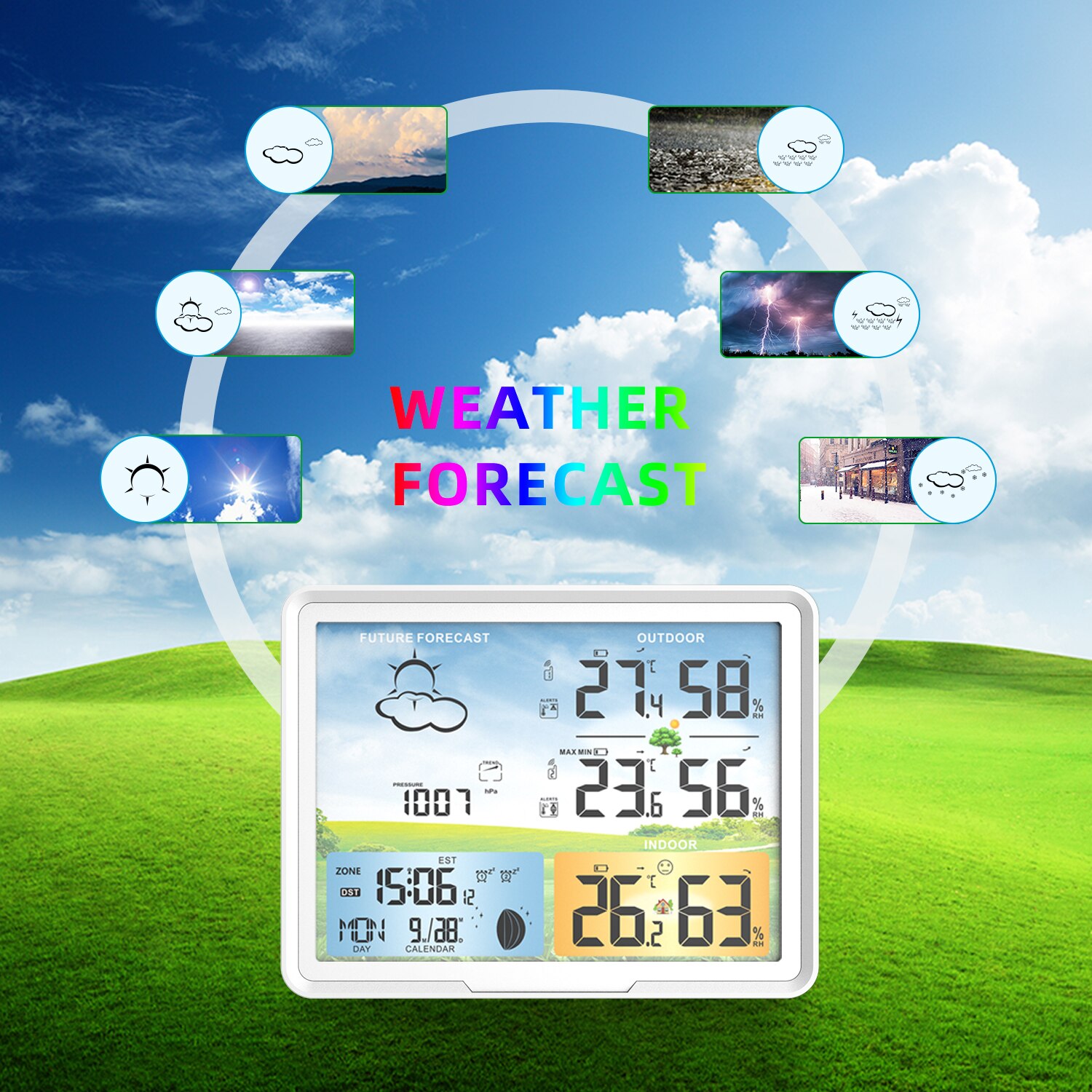 FABISENSE Weather Station Clocks Wireless Digital Thermometer Hygrometer Forecast Calendars Moon Phase Snooze Alarm Clock PT20B