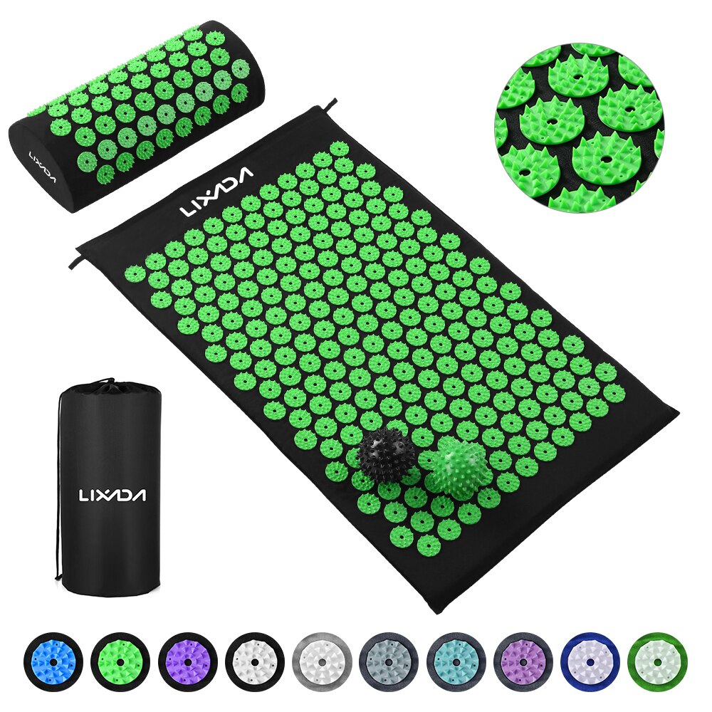 Digitopressione Zerbino e Cuscino Set con 2pcs Spiky Sfere di Massaggio per la Schiena/Collo/Piedi Sollievo Dal Dolore e rilassamento muscolare con Borsa per il trasporto: Black Green