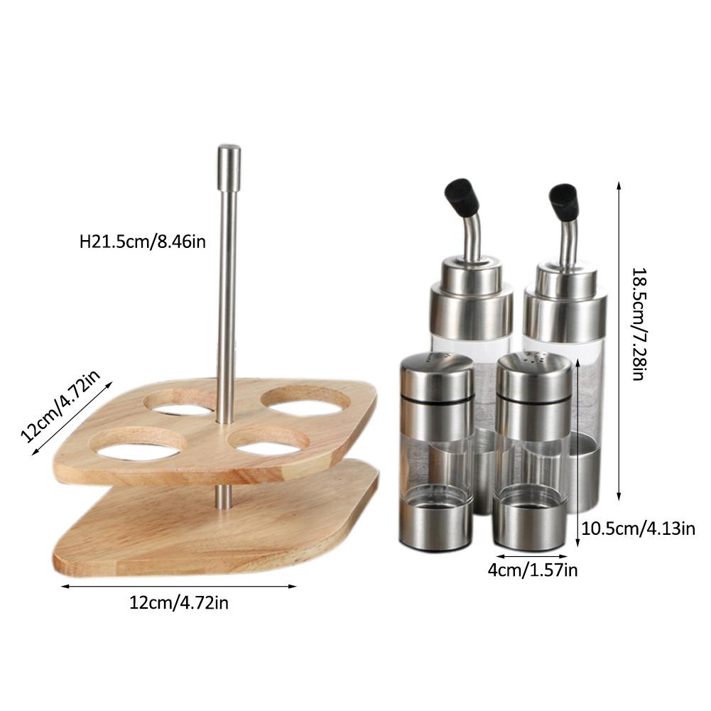 Kitchen Seasoning Bottle Set with Wooden Rack Translucent Pepper Bottle Holder Tools for Oil Salt Vinegar Soy Sauce Storage