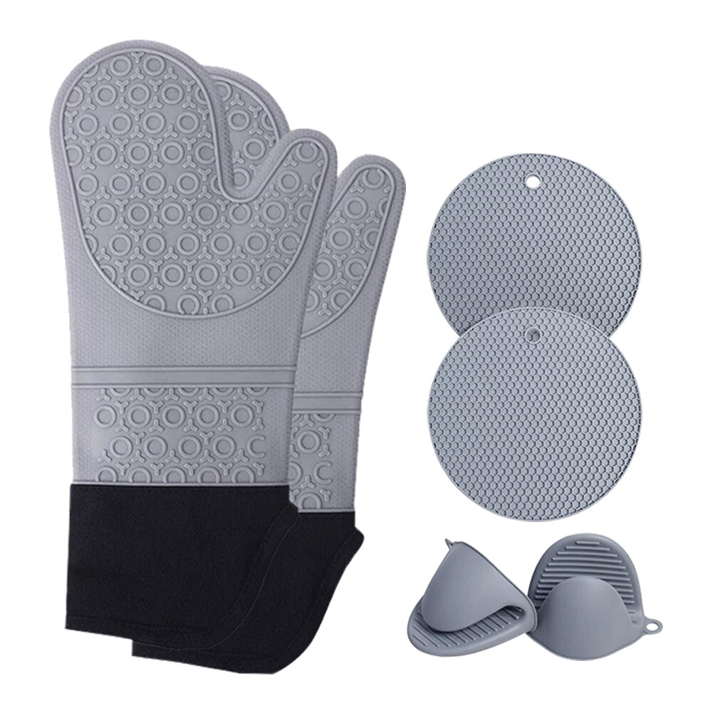 3pcs Anti Scald Cooking Easy Clean Oven Mitt Set Baking Waterproof Long Gloves BBQ Potholder Table Mat Grilling Soft Silicone