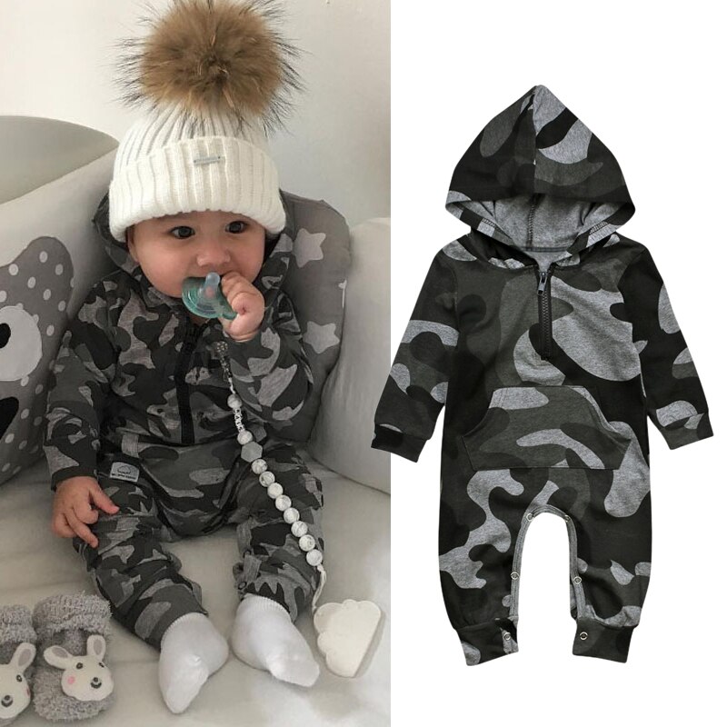 Rorychen Baby Jongen Meisjes Rompertjes Lange Mouw Hooded Overall Camouflage Kleding Top Broek Hoeden Eenvoudige Stijl