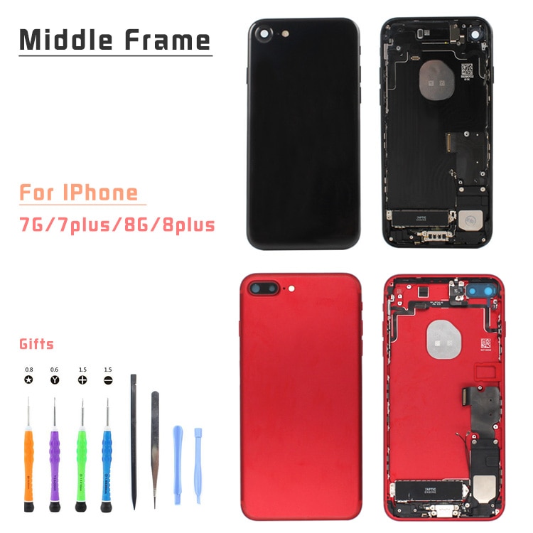 Substituição traseira capa para iphone 7plus 8 8plus traseira habitação quadro médio com bateria traseira porta vidro, preto branco vermelho ouro