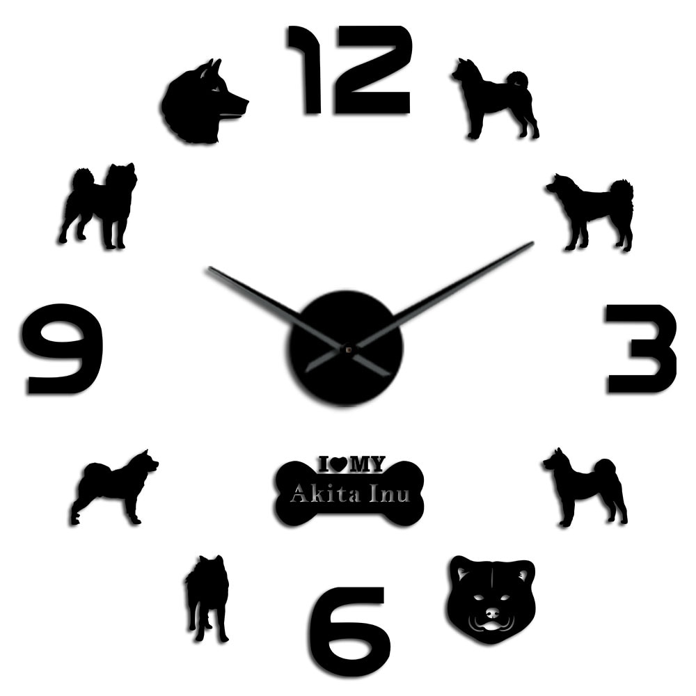 Lovely Akita Inu Dog Breed Large DIY Wall Clock Japanese Akita Great Japanese Puppy Pet Dog 3D DIY Wall Sticker Clocks: Black / 27inch