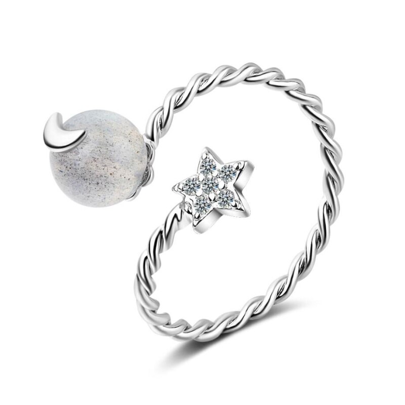 Estrella de la piedra lunar con apertura de corazón de fresa fresca, Plata de Ley 925, personalidad femenina, apertura de tamaño variable, anillos SRI209