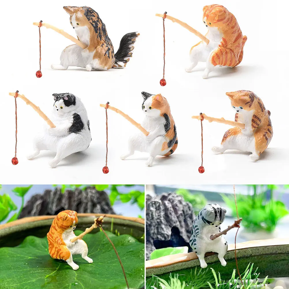 Figuritas de decoración de Acuario, 10 estilos, Mini lindo gato de pesca, accesorios de Acuario, adorno de paisajismo, accesorios de tanque de peces DIY