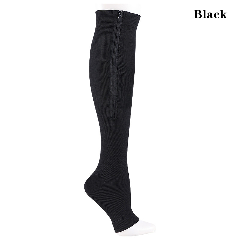 Calcetines de compresión con cremallera para hombre y mujer, medias hasta la rodilla con cremallera, soporte para piernas, punta abierta, Color sólido, YSZ02: S / Negro