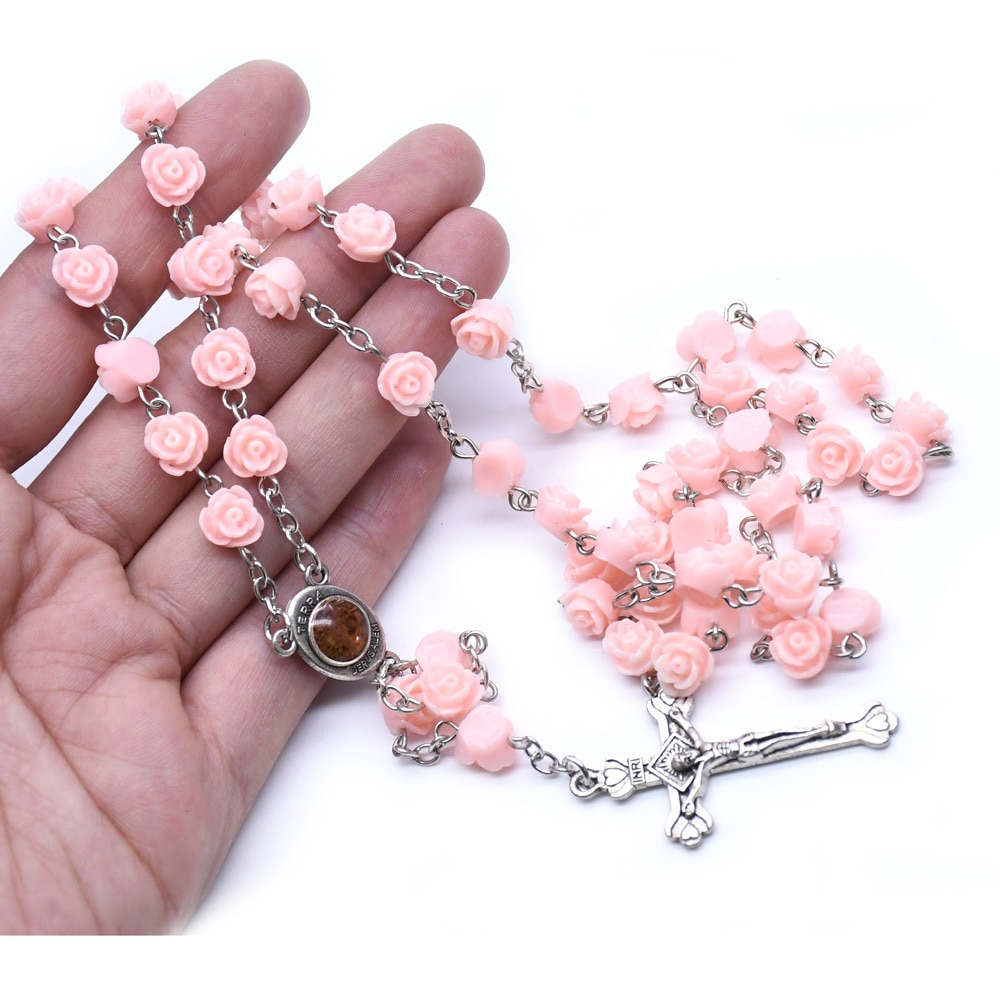 Della resina della rosa collana del rosario regalo fidanzato ah vergine maria croce di Cristo Cattolica Cristiana di cerimonia nuziale perline di preghiera