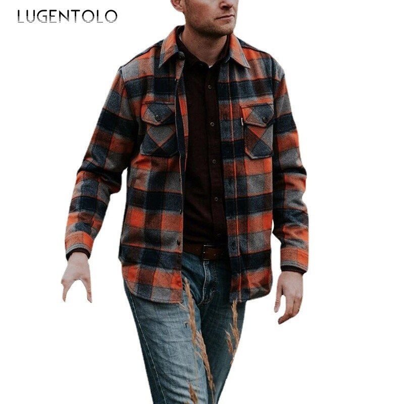 Lugentolo Shirt Men Spring Loose Lapel Long Sleeve Top Plaid Print Trend Single-breasted Men's Casual Pocket Shirts