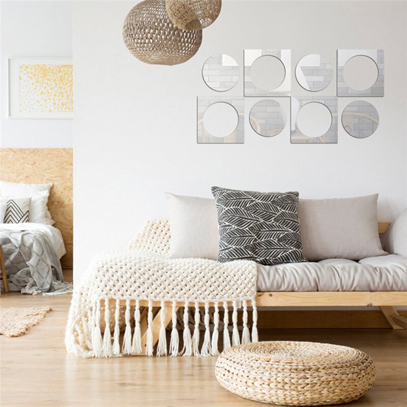 8 Stuks Vierkante Acryl Spiegel Stickers Home Decor Ronde Vorm 3D Spiegels Art Muur Voor Woonkamer Slaapkamer Keuken Decoratie: Default Title
