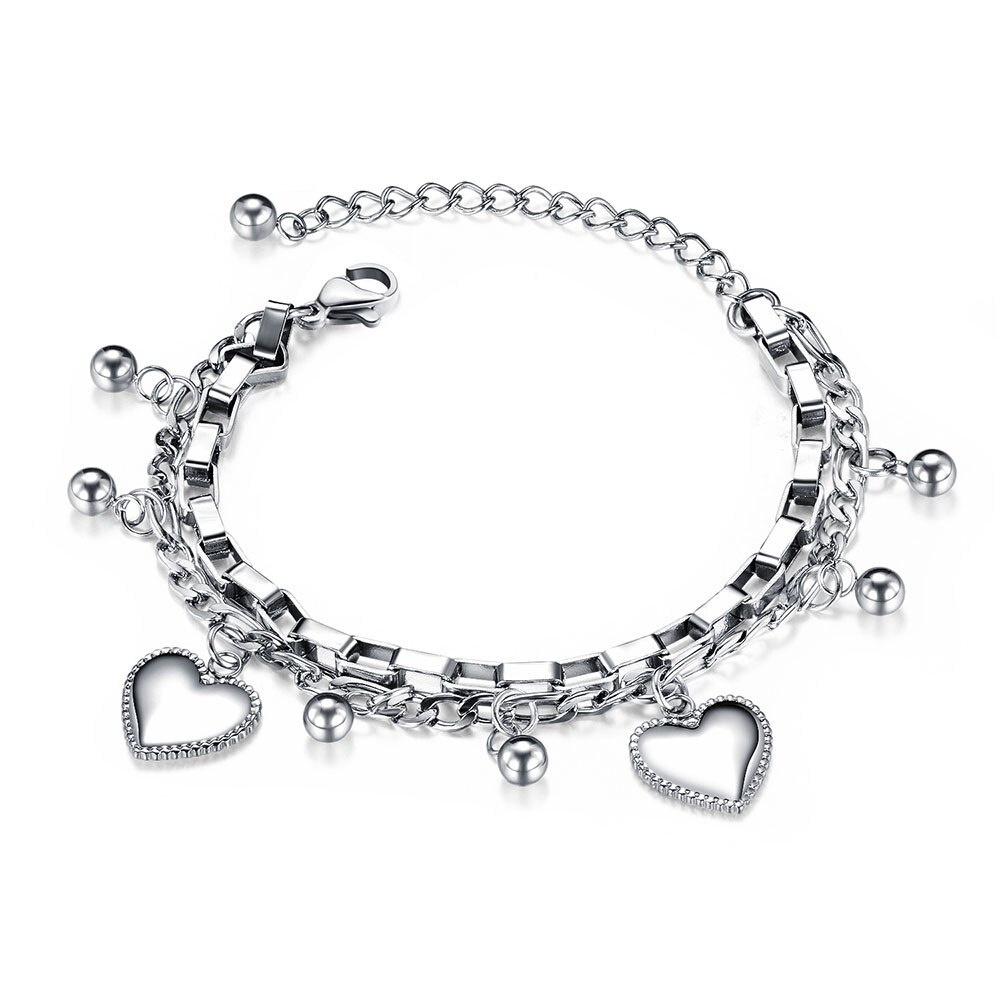 Lokaer Trendy Double Layer Stainless Steel Love Heart Ball Charm Bracelets For Women Girls Bohemia Chain Link Jewelry B19151: Steel color