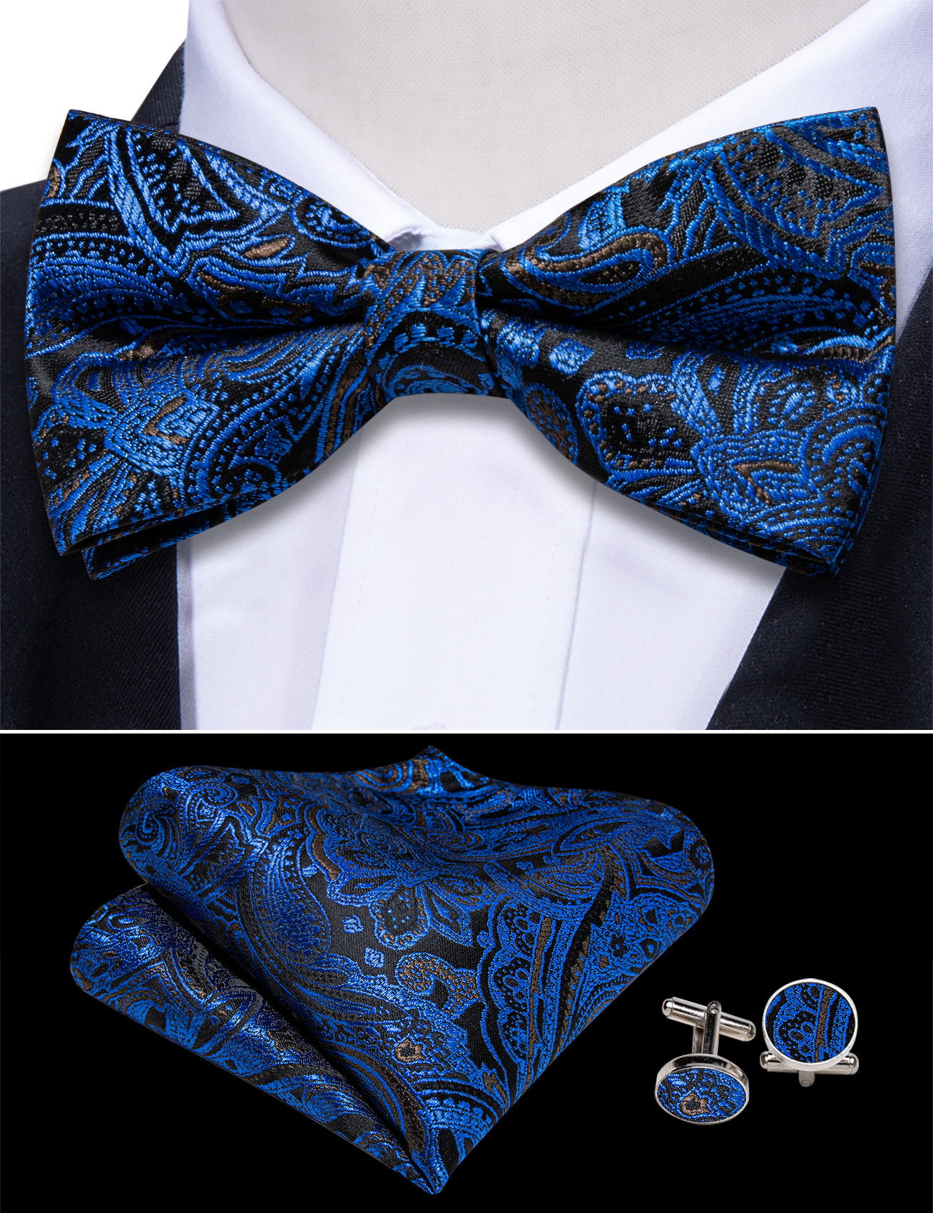 Navy Blue Cummerbund Men Silk Bowtie Pocket Square Cufflinks Sets Classic Paisley Male Accessories Wedding Party Barry.Wang 1031