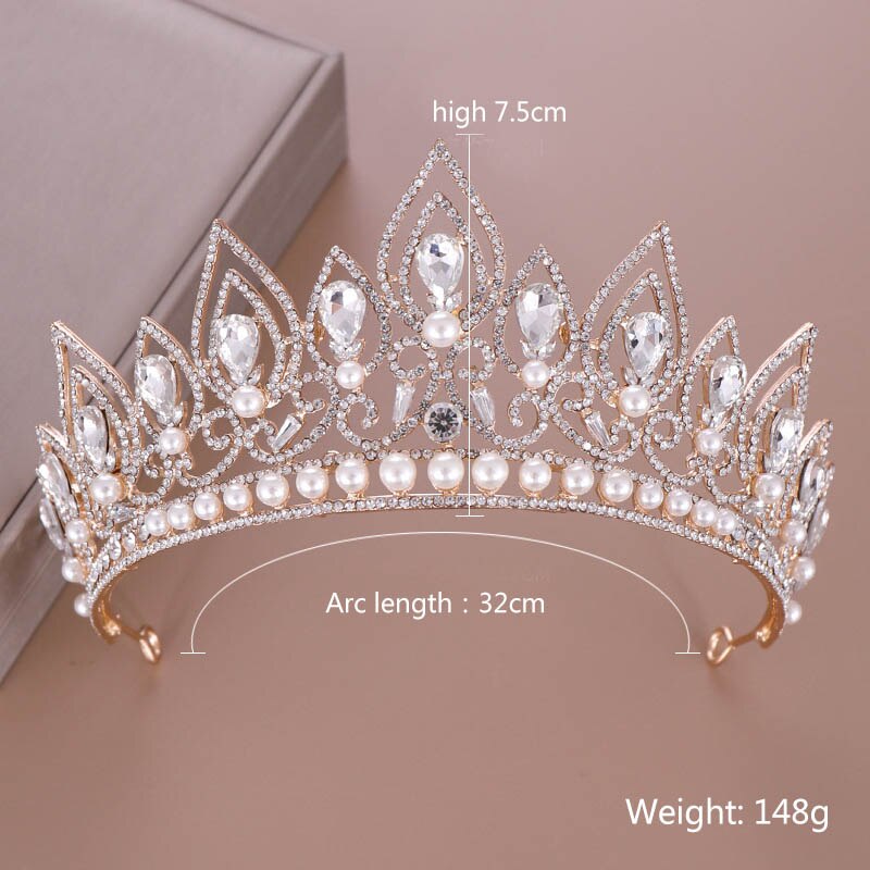 Mode Goud/Zilver Kleur Water Crystal Gesimuleerde Pearl Ronde Tiara Kroon Sieraden Voor Prinses Bruiloft Verjaardag Party