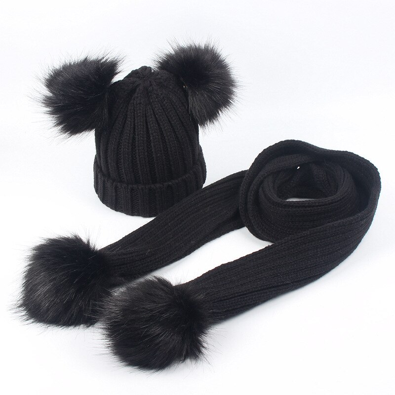 Conjunto de bufanda y gorro para niños y niñas, doble pompón de piel sintética, cálido, tejido, largo, Invierno: black