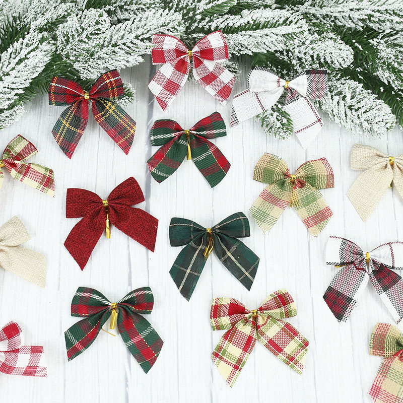 10/20Pcs Christmas Bows Tie Decoration Red Green Bow-knot Merry Christmas Tree Decor Pendant Year Navidad
