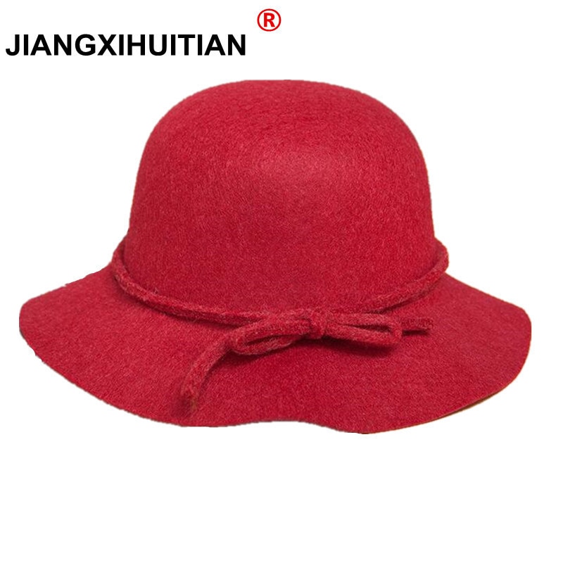 Jiangxihuitian Europa Fall Winter Vrouwen Fedora Caps Vintage Zonnehoed Voor Vrouw Lady Brede Rand Wolvilt Boog Knoop hoed