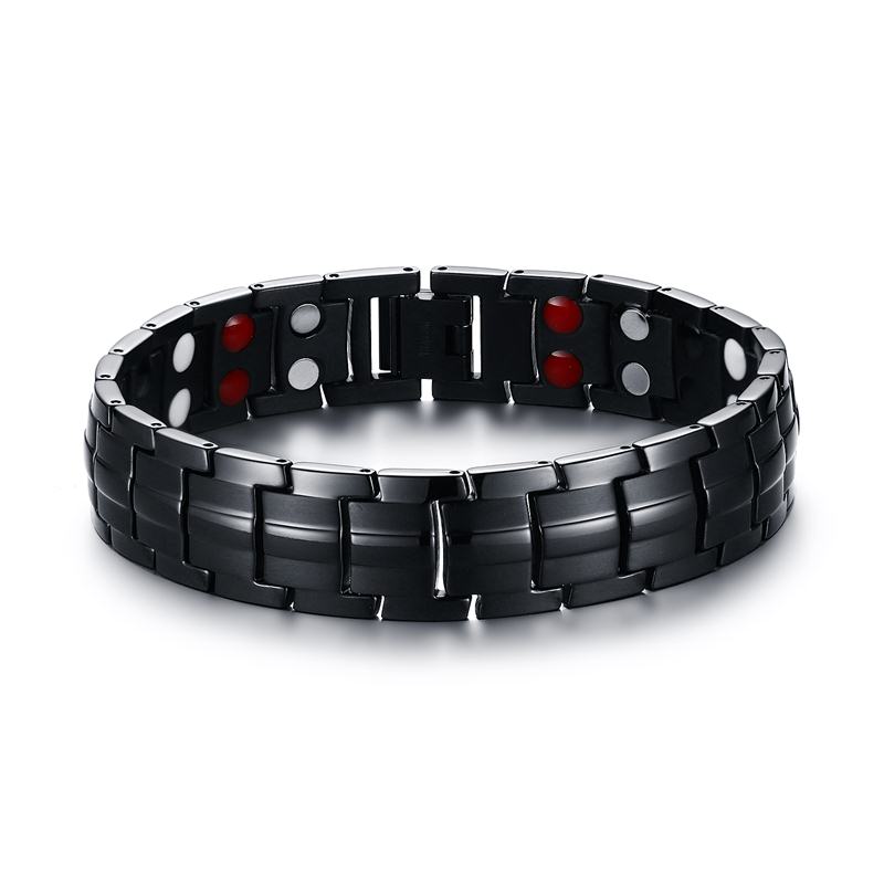 Elegante Mens Black Armbanden Titanium Staal Therapie 2 Rij 4 In 1 Spar Negatieve Ion Germanium Armband Mannen Sieraden