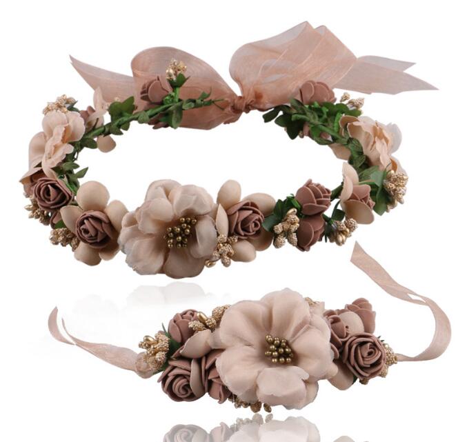 Simulering blomsterpannebånd armbånd foreldre-barn dress bryllup hodeplagg europeisk og amerikansk brudepike wre