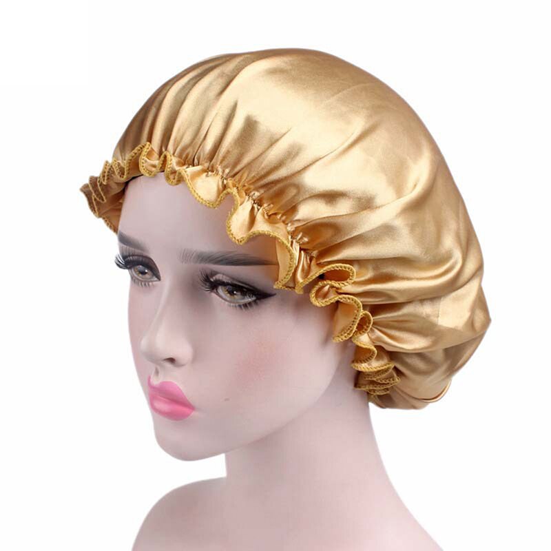 1pc Hair Styling Sleep Caps Fabric Hair Bonnet Satin Lined Sleep Cap Night Hat Adjust Shower Cap Silk Bonnets: gold