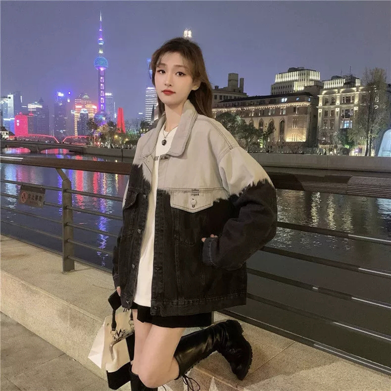 Dame vintage langærmet denimjakke gradient afslappet løse jeans store frakker dame vinterbomber street denim outwear top