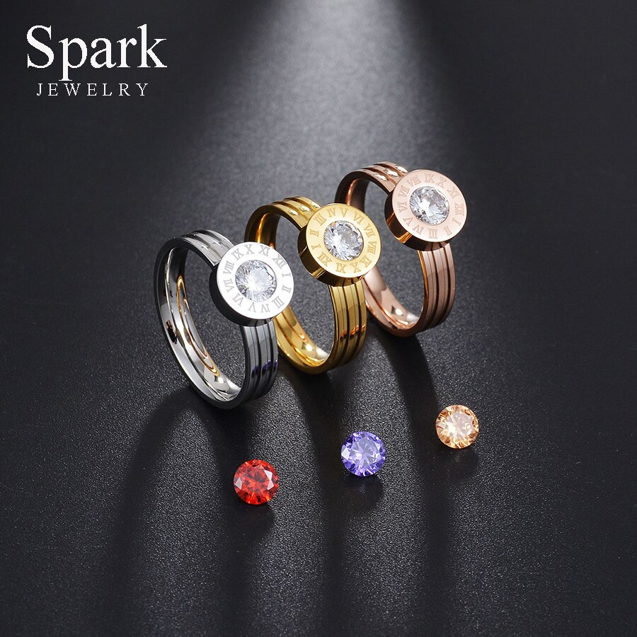 SPARK Luxury Jewelry Engraving Numberal CZ Stone Ring Stainless Steel Exchangeble Crystal Ring Women Engagement Bijoux