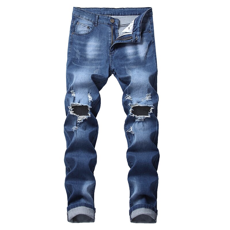 Gersri Mens Biker Demin Jeans Stretch Destroyed Ripped Cowboy Pants Printed Pocket Soft Skinny Hole Jean For Male: 42