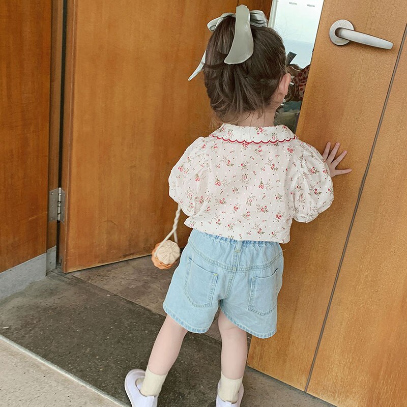 Vfochi piger bluse sommer børn toppe ren bomuld piger kortærmet skjorte børn bryllup tøj baby pige top t-shirts
